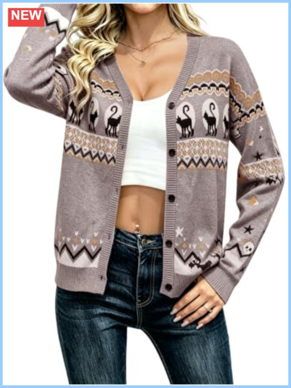 Cat Cardigan Sweater Women Button Down V Neck Long Sleeve Knit Halloween